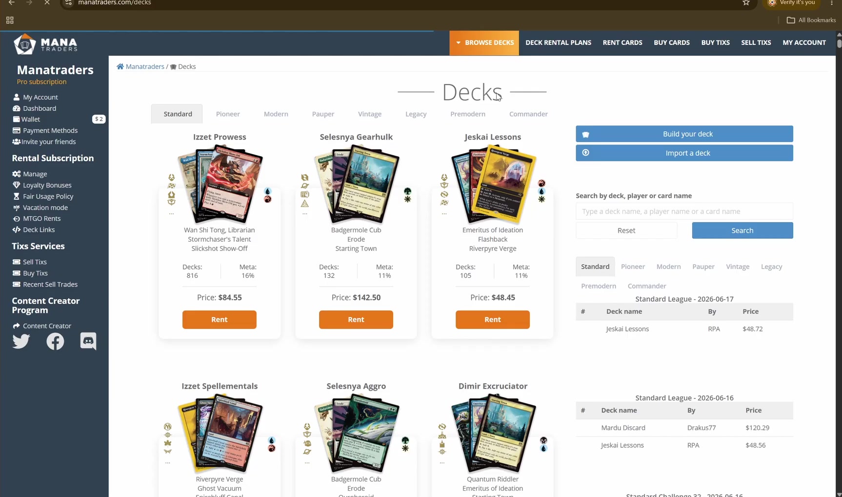 Browse Decks, filtered by format. Every deck shows its full rental price.